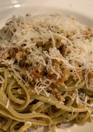 A picture of Edamame pasta with spicy turkey mince For Jamo.