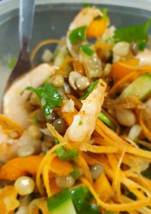 A picture of Lentil chickpea and prawn salad.