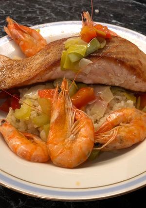 A picture of Salmon Risotto with Prawns.