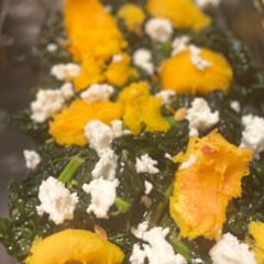 Kale, roasted pumpkin and goat cheese salad A picture of Kale, roasted pumpkin and goat cheese salad.