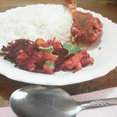 A picture of Steamed Rice,wet fry chicken & vegetable salad#Rice competition.