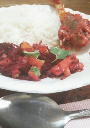A picture of Steamed Rice,wet fry chicken & vegetable salad#Rice competition.