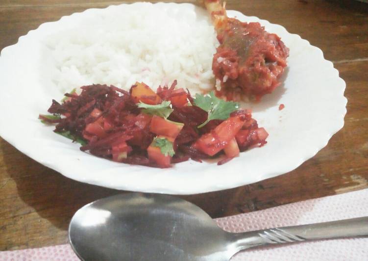Simple Way to Prepare Any-night-of-the-week Steamed Rice,wet fry chicken &amp; vegetable salad#Rice competition