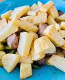 Atún, ajetes y patatas con aceite de jamón