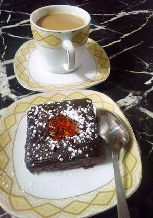 A picture of Quick Chocolate Brownies with Coffee.