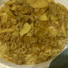 A picture of Meat and Potatoes over Rice.