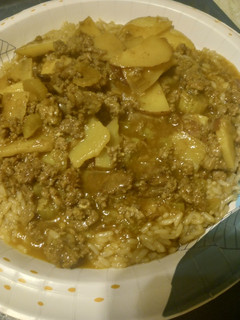 A picture of Meat and Potatoes over Rice.