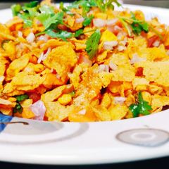 Cornflake chat or cornflakes bhel A picture of Cornflake chat or cornflakes bhel.