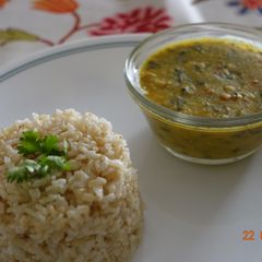 A picture of Dal Methi with brown rice.