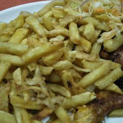 A picture of Fries with chicken.