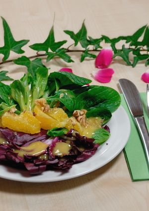 A picture of Salad with radicchio, chicory and orange segments.