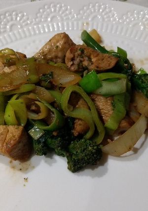 A picture of Stir Fried Chicken with Purple Sprouting Broccoli.