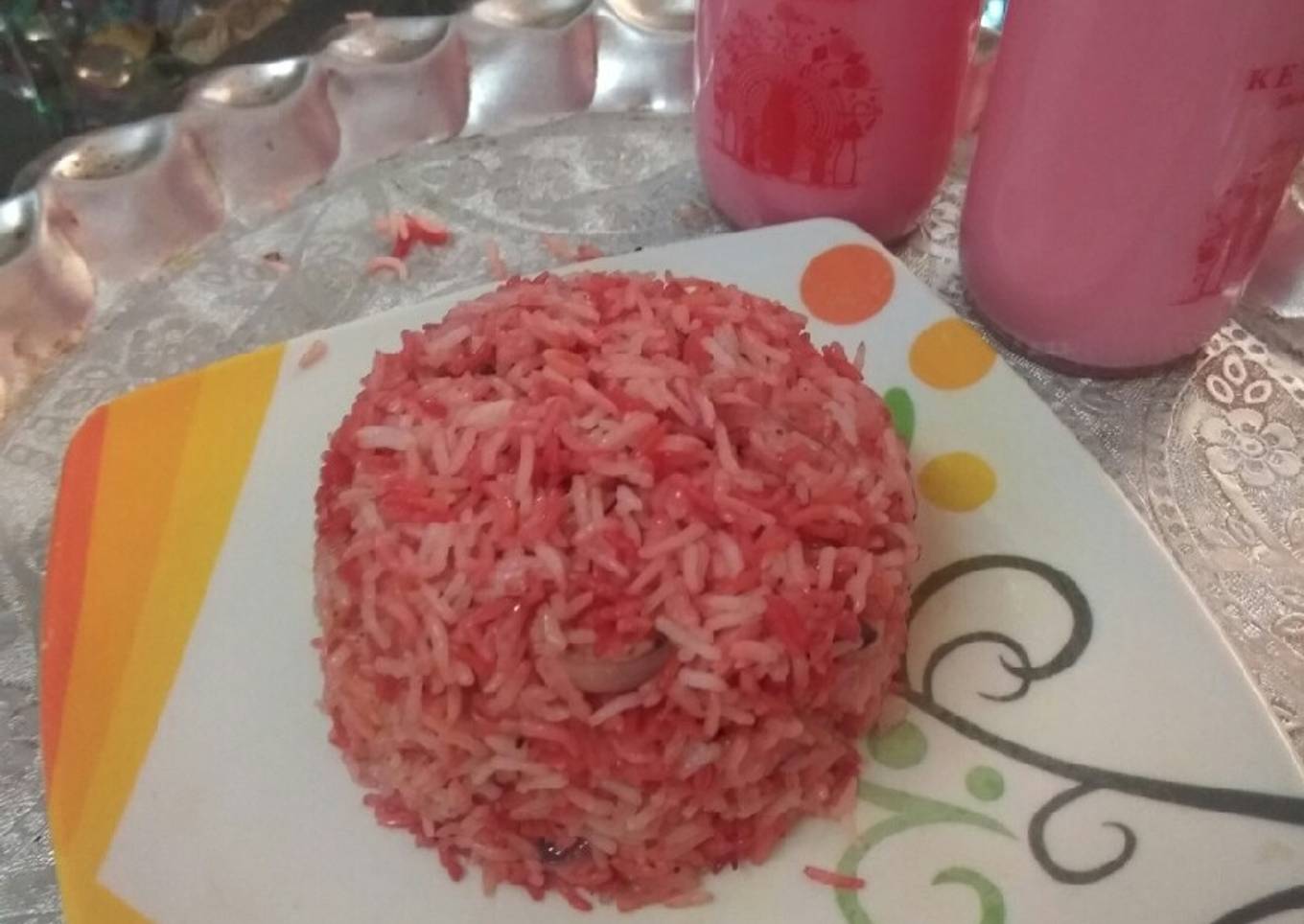 Rose sharbat with pink rice