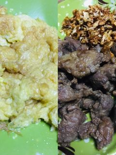 รูปของ หมูทอดกระเทียมหมักน้ำปลา กับ ไข่เจียว