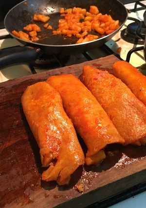 A picture of Michoacan-Style Enchiladas / Red Potato Enchiladas.
