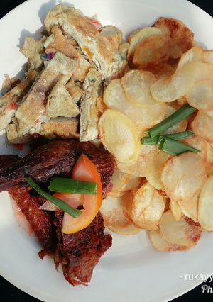 A picture of Chips with egg & roasted chicken.