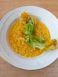 Risotto with Pumpkin Cream and Fried Zucchini Blossoms
