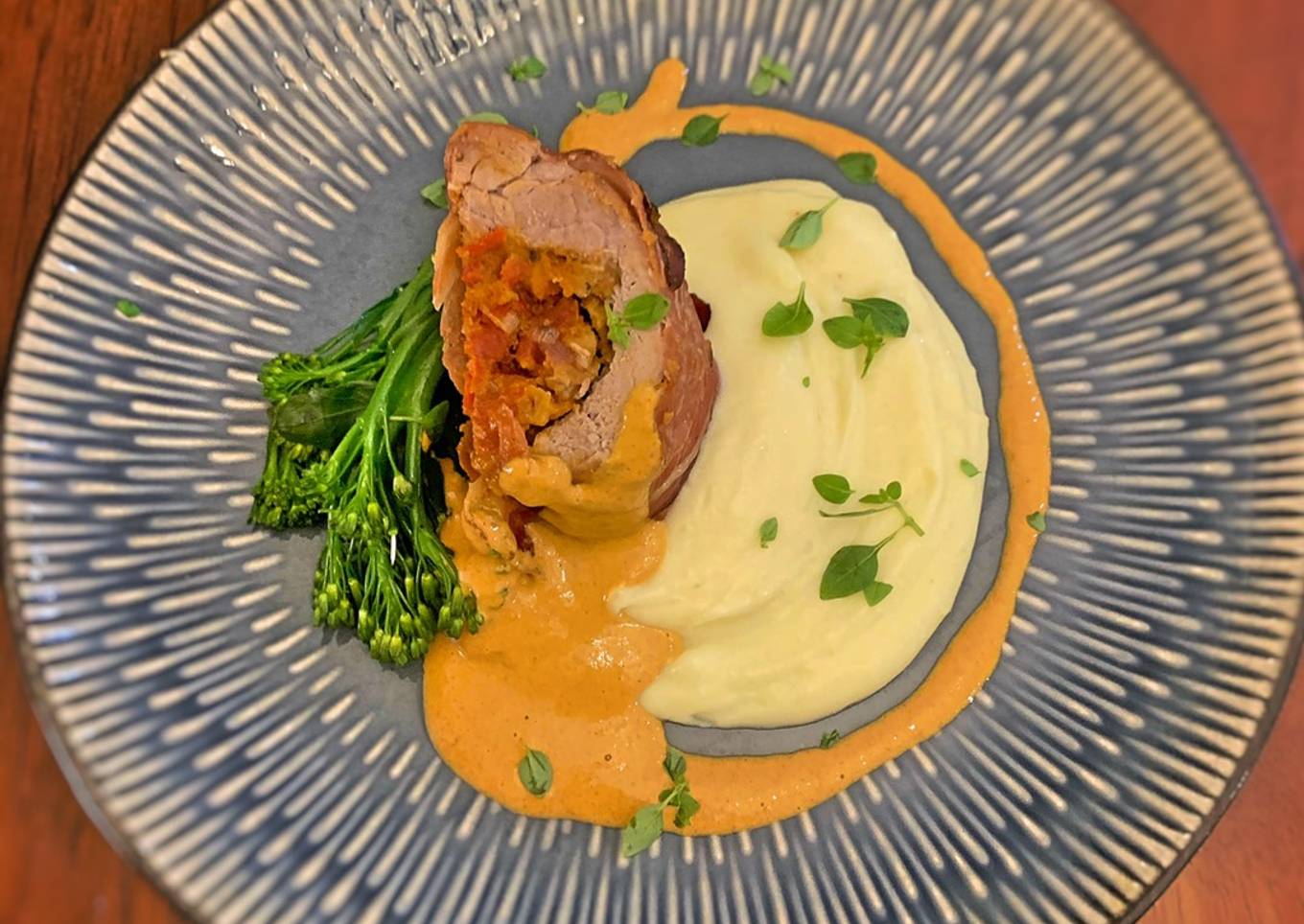 Prosciutto wrapped pork fillet with chorizo stuffing