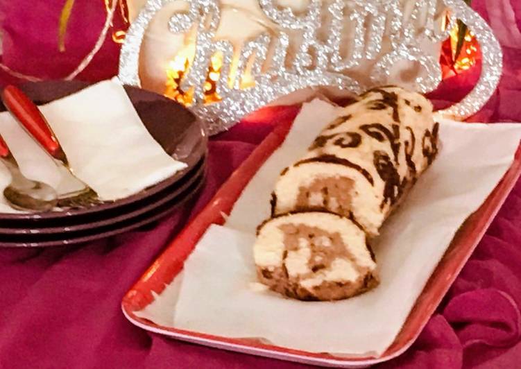 Patterned chocolate ice cream stuffed Swissrolls