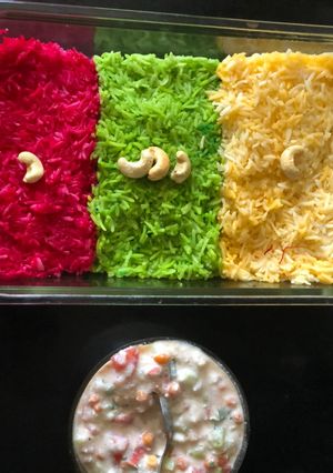 A picture of Tricolor Rice with Vegetable Raita.