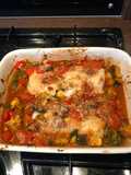 Roasted cod with Mediterranean vegetables & roasted new potatoes