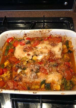 A picture of Roasted cod with Mediterranean vegetables & roasted new potatoes.
