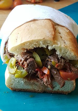 A picture of Italian beef with Italian cherry pepper giardiniera.