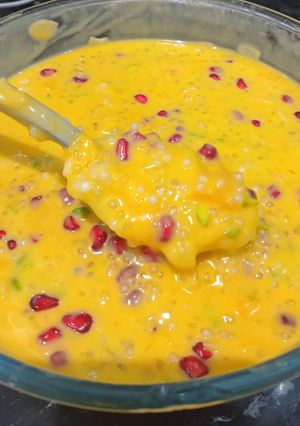 A picture of Sago with Mango and Coconut Milk.