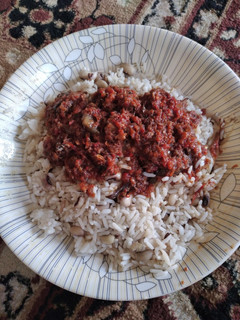 A picture of Rice with beans and stew.