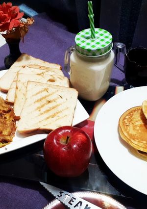 A picture of Healthy Break fast 🍎🥞🥛🍳.