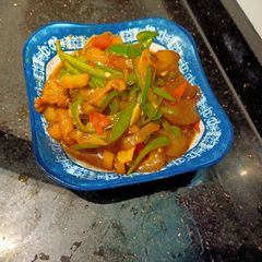 A picture of Sauteed spicy beef gravel (oseng kikil sapi) indonesia style.