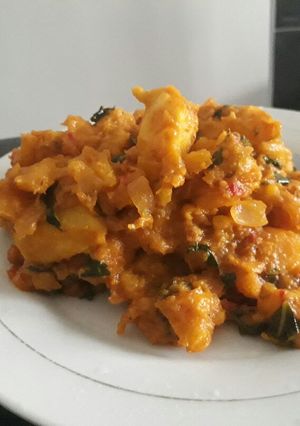 A picture of Ripe plantain with sweet potato porriage.