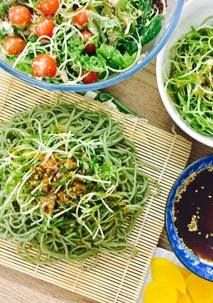 Hình của món Bữa ăn xanh: mì soba lạnh và salad cá ngừ rau mầm.