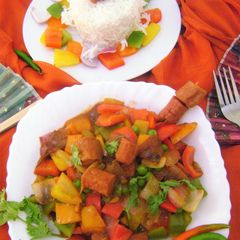 A picture of Sweet & Sour Sausages with Bell Peppers.