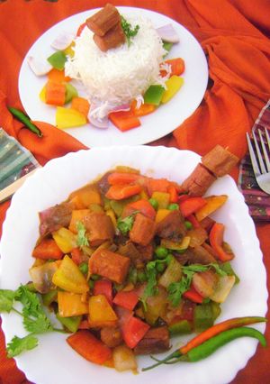 A picture of Sweet & Sour Sausages with Bell Peppers.