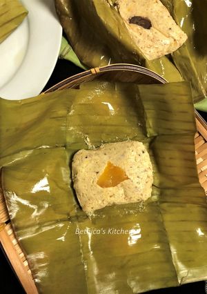 A picture of Steamed Sandesh in Banana Leaf.