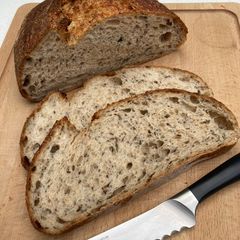 A picture of Seeded San Francisco sourdough using scalded spelt flour (2 loaves).