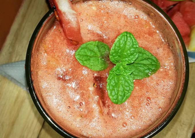 Watermelon, pineapple smoothie with a touch of fresh mint leaves Recipe