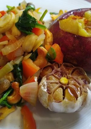 A picture of Baked Sweet Potato, Roasted Garlic & Mixed Vegetables.