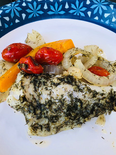 A picture of Grilled Dill Fresh Cod Fillets with Cherry Tomatoes 🍅.