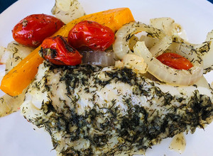 A picture of Grilled Dill Fresh Cod Fillets with Cherry Tomatoes 🍅.