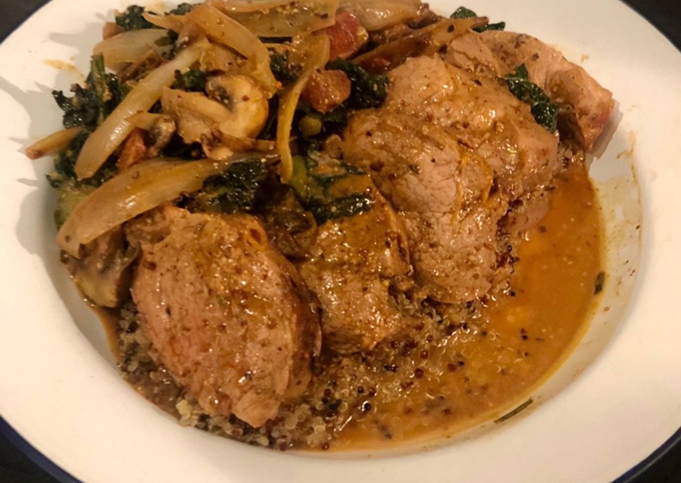 ‘’Double pork’’ in a shallot mushroom and rosemary sauce