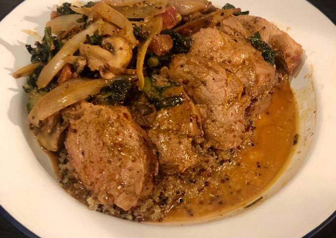 ‘’Double pork’’ in a shallot mushroom and rosemary sauce