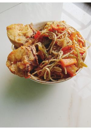 A picture of Street style wet chicken noodles.