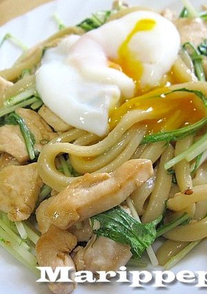 A picture of Yaki Udon with Mizuna and Chicken Breast.