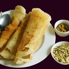 LUNCH IS SERVED: Little millet dosai with onion sambar, curry leaf chutney and mung sprouts A picture of LUNCH IS SERVED: Little millet dosai with onion sambar, curry leaf chutney and mung sprouts.