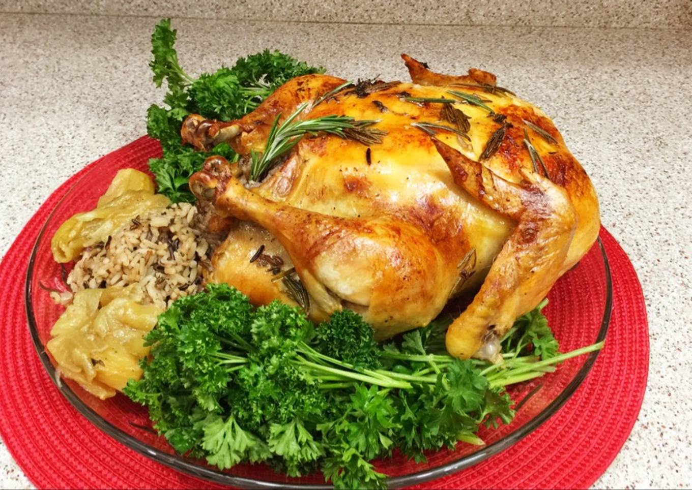 Pollo asado con Romero y relleno con arroz silvestre (Al Horno)