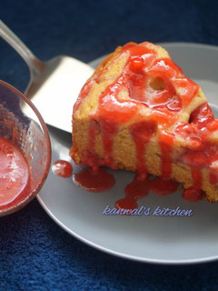 A picture of Whole wheat strawberry cake with strawberry syrup.
