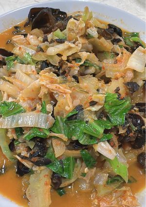 Foto resep Tumis cabe sawi putih sawi pahit pare jamur kuping Vegan