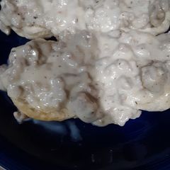A picture of Sausage gravy over biscuits Bob Evan's copy cat recipe.